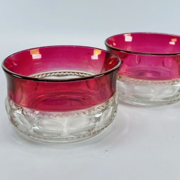 2 Indiana Glass Colony Kings Crown Ruby Rim Thumbprint Finger Dessert Bowl Flash - Picture 1 of 10